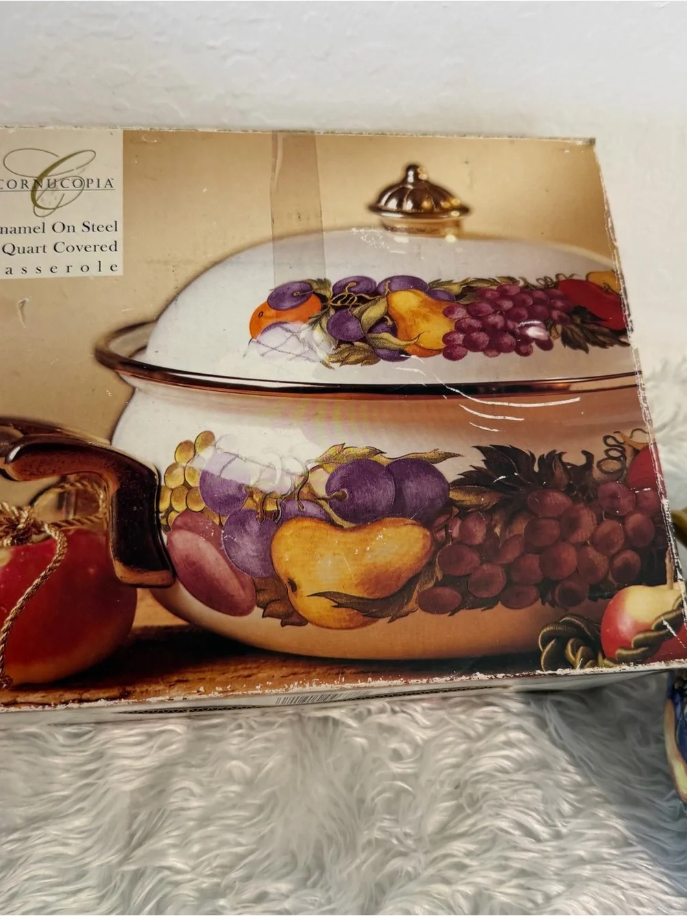 Vintage CORNUCOPIA Enamel Pot w/ Lid Fruit Pattern Brass Hardware